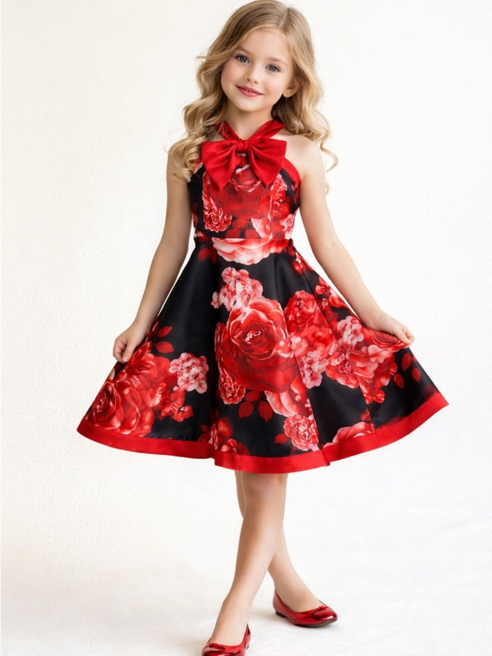 Xtraordinary Girls Rose Floral Fit Flare Party Dress Black Red Bow Size 8 NWT